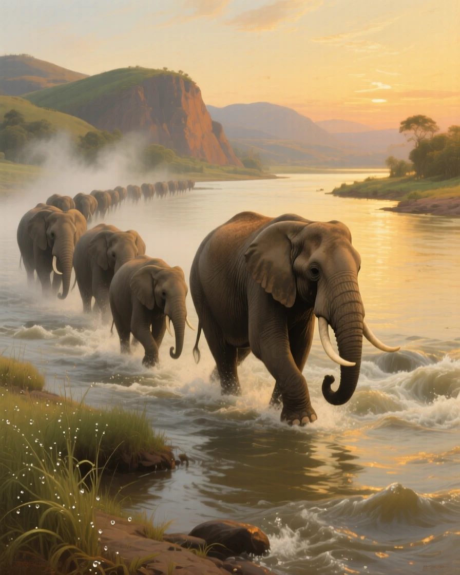 A herd of elephants crossing a wide river at golden hour captured in a moment of wild grace and quiet power, set beside a rushing river cutting through ancient hills, with dew-covered grass, drifting mist, and soft golden light; the composition balances raw power with graceful, natural stillness, suggesting the timeless harmony between nature and spirit.