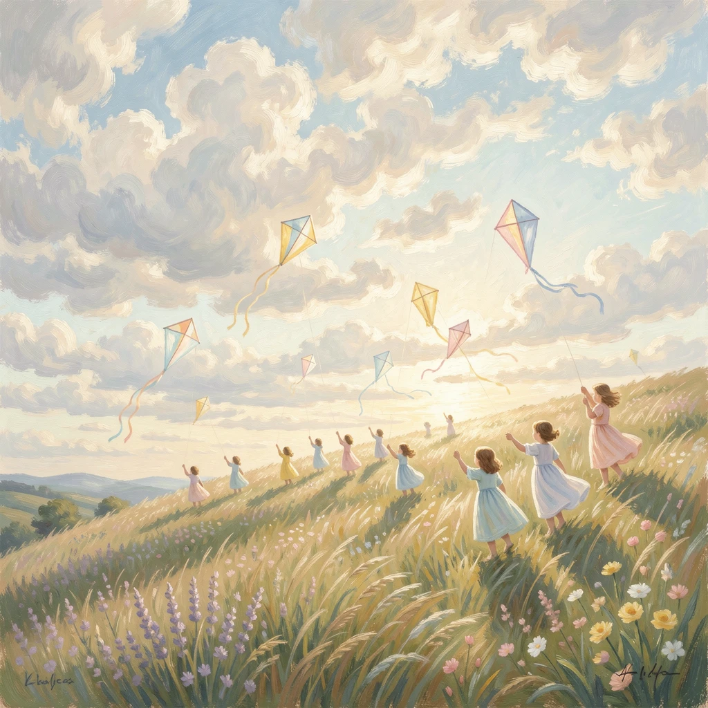 A group of children flying kites on a windswept hilltop under a sky full of drifting clouds.