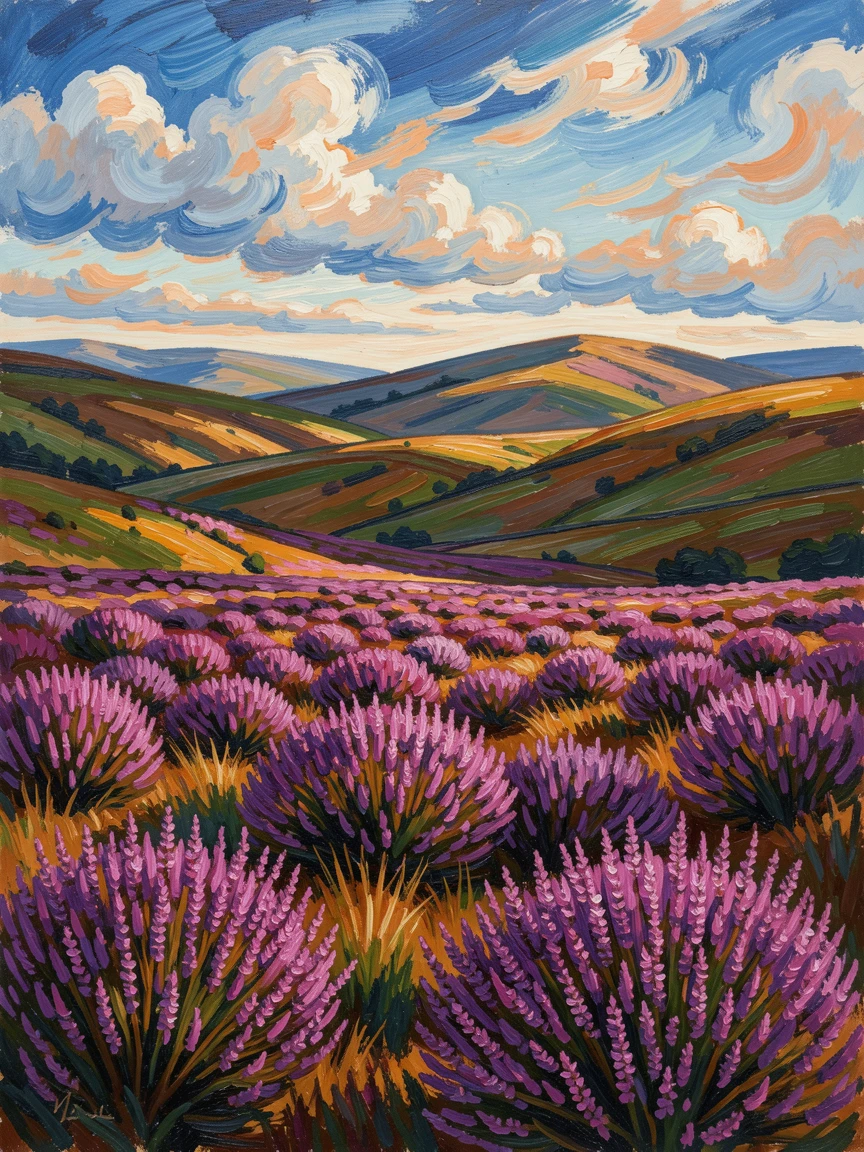 A field of heather in full bloom stretching across rolling highland hills.