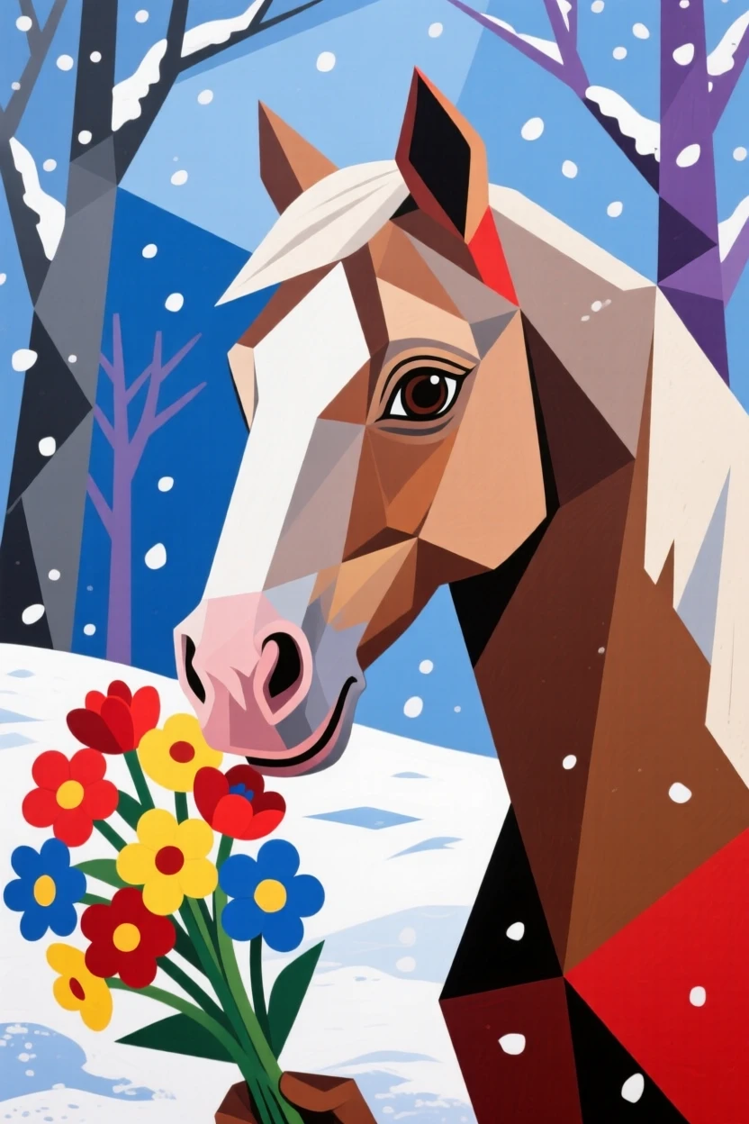 A charming portrait of a gentle old horse sniffing curiously at a bouquet of flowers, during a quiet snowy morning.