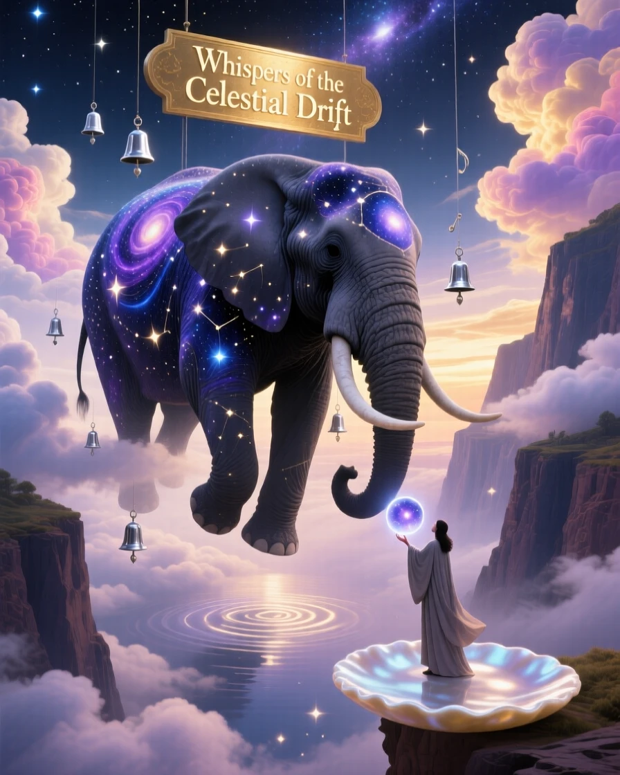 An elephant with a night sky patterned across its skin drifts weightlessly through a canyon of soft clouds, while soft chimes seem to ring with each of its movements.
