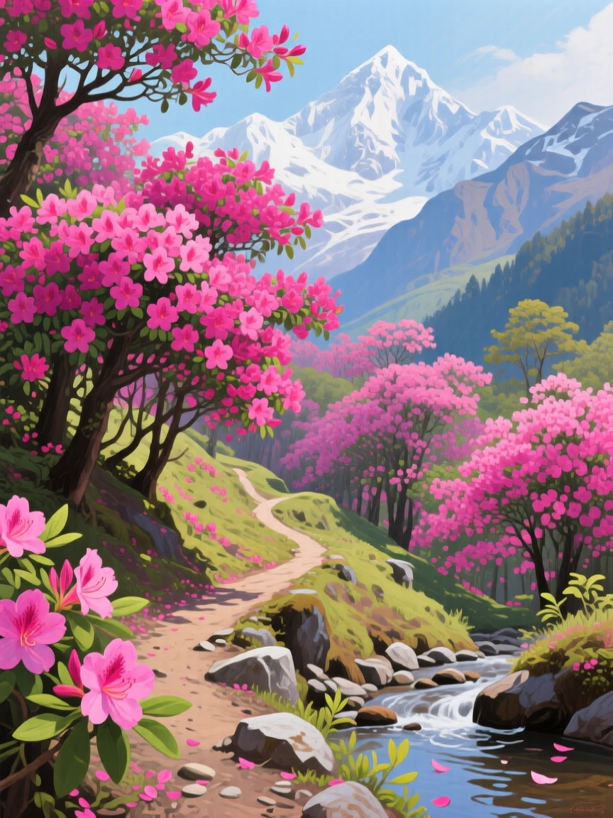 A vibrant rhododendron forest blooms magenta across a Himalayan hillside in spring, snow-capped peaks visible through gaps in the canopy, a narrow trekking trail winding upward, small ripples or movement in the foreground giving the otherwise still setting a sense of quiet life.