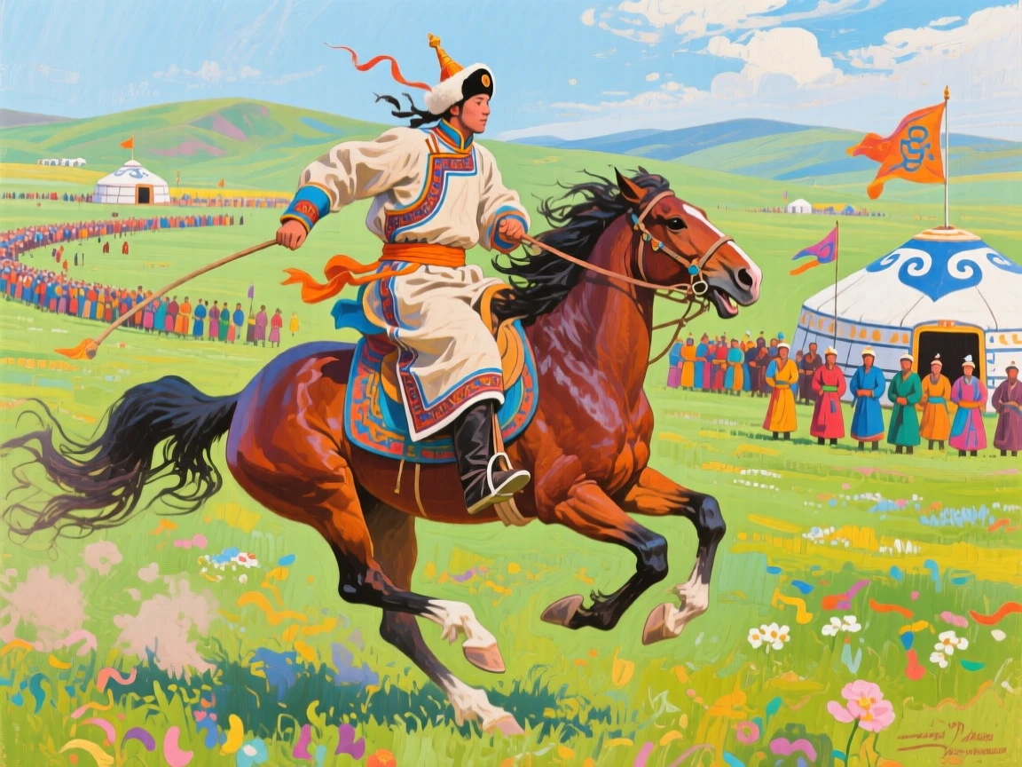 A Mongolian horseman in traditional dress galloping across the steppe during a Naadam festival