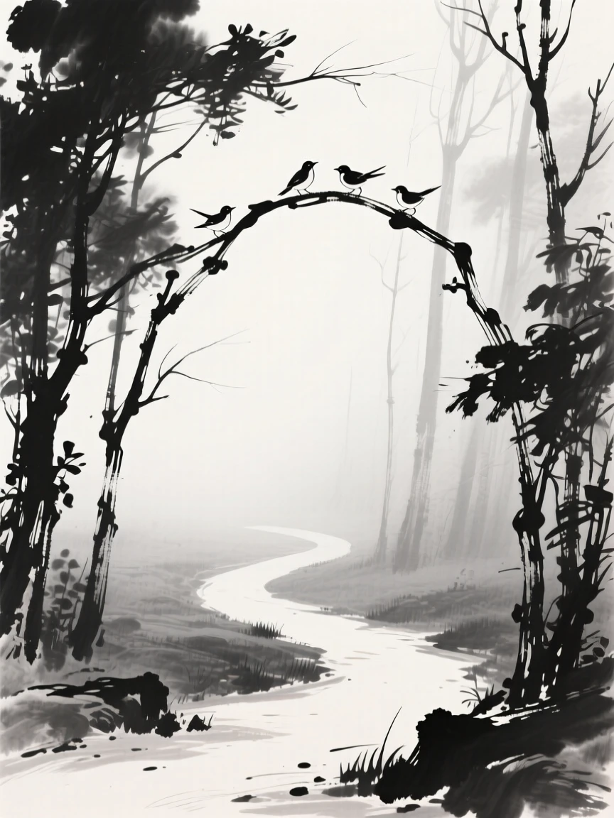 a forest path shrouded in mist, with birds perched on the swaying branches.