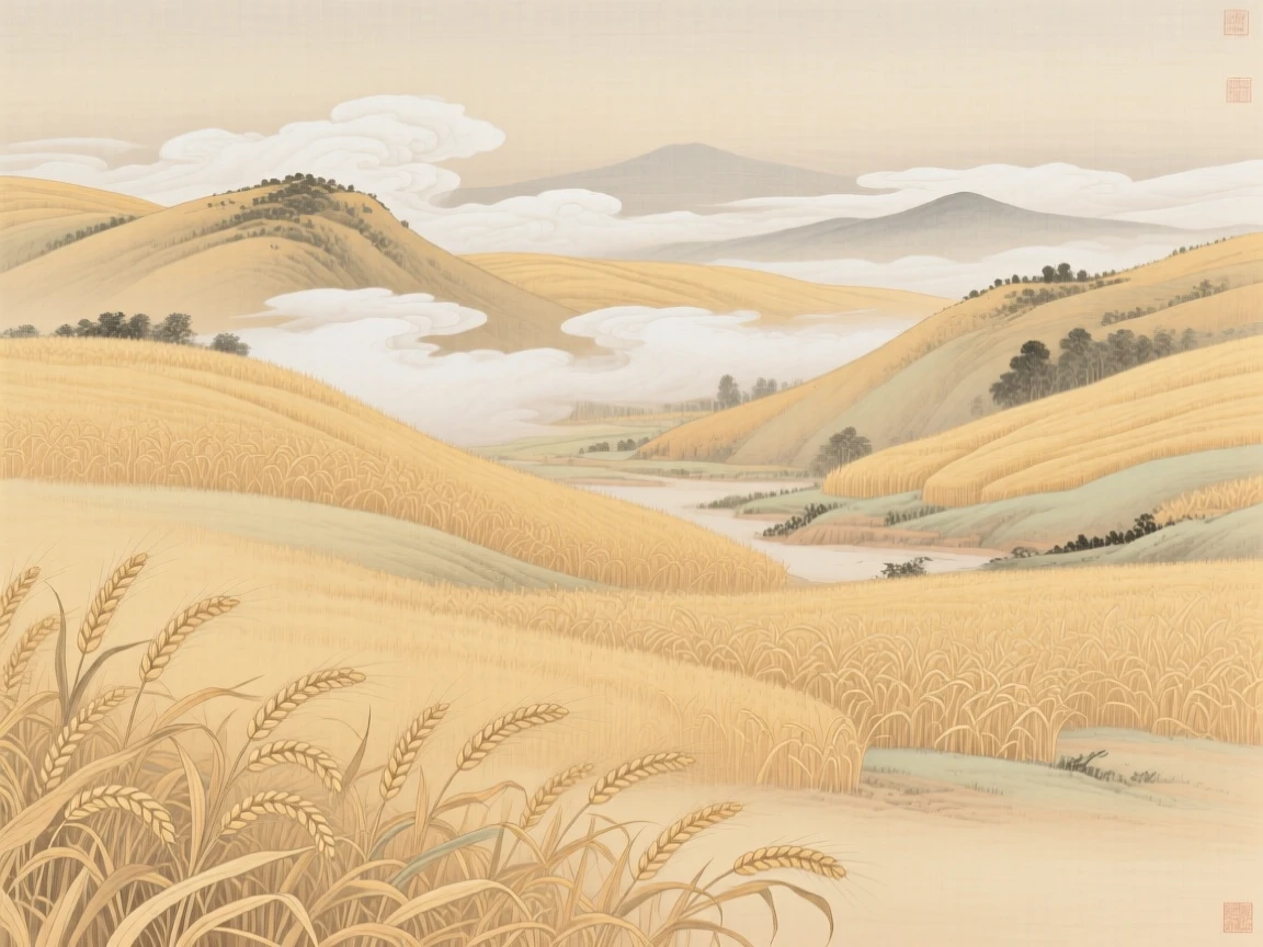 Rolling hills covered in golden wheat at harvest time, with wisps of cloud drifting through the valley below