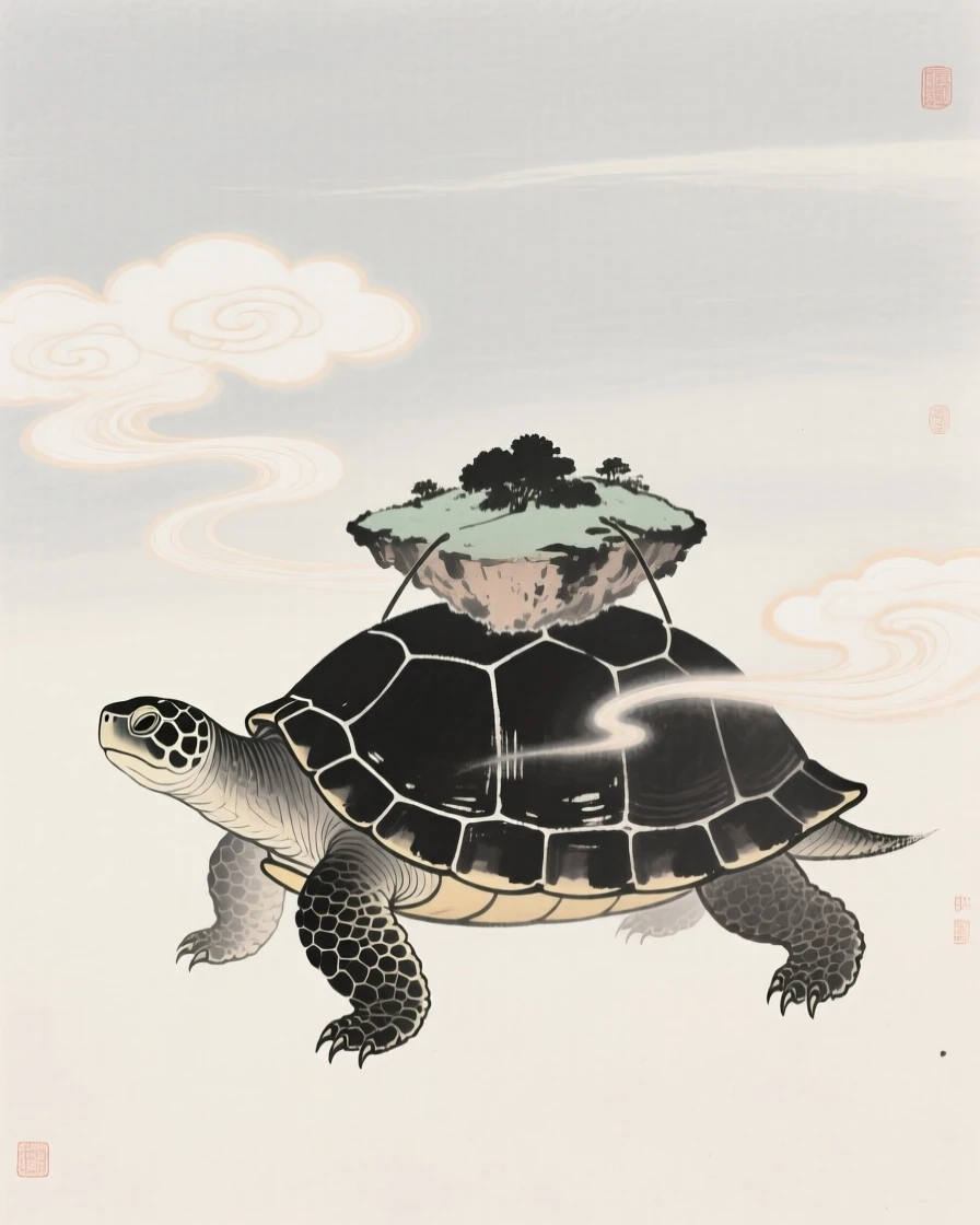 A turtle carrying a small floating island on its back within a swirl of luminous cloud, framed to emphasize scale against a vast open sky, suggesting ancient legend brought gently to life.