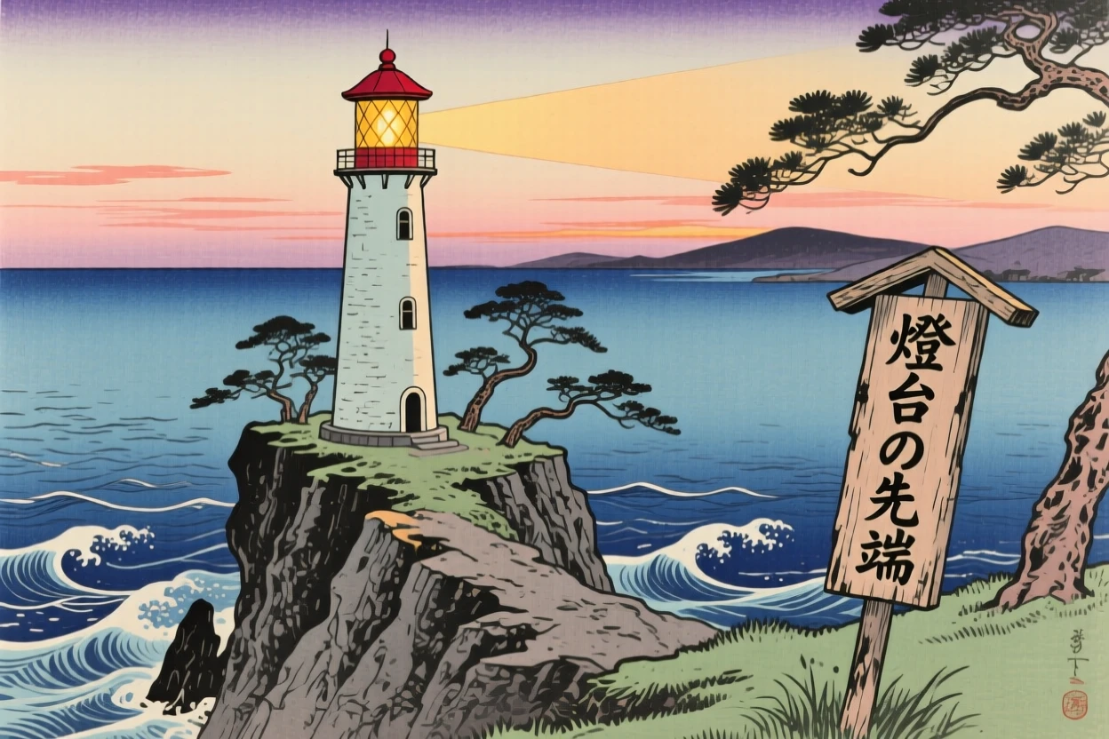A lighthouse on a stony point along a wind-swept cliff edge, in the last light of evening.