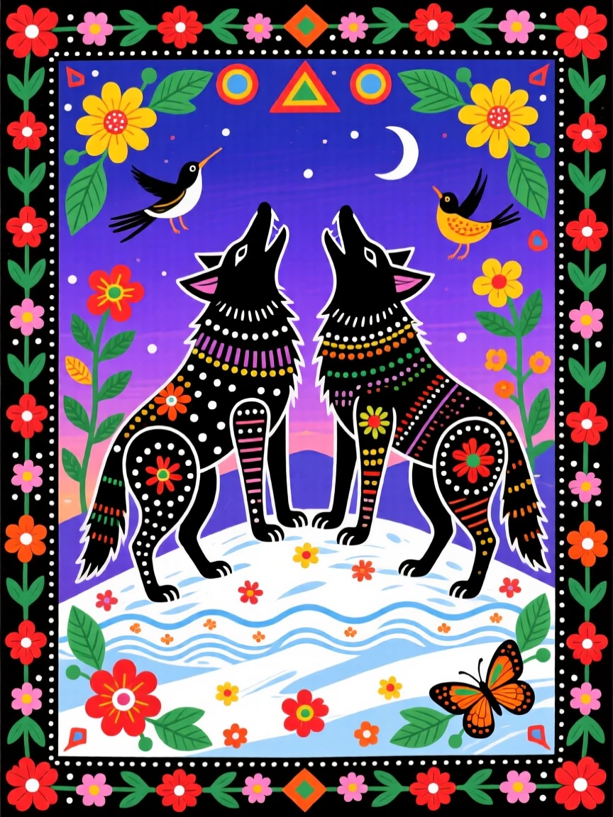 Wolves howling together on a snow-covered hillside at twilight.