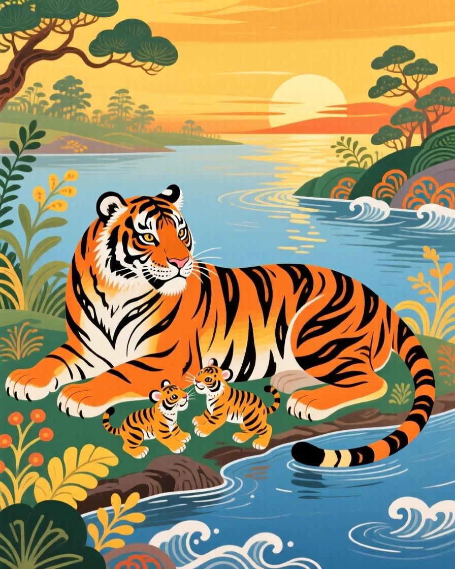 A Siberian tiger with its young along the bank of a quiet river, in the golden hour before sunset.