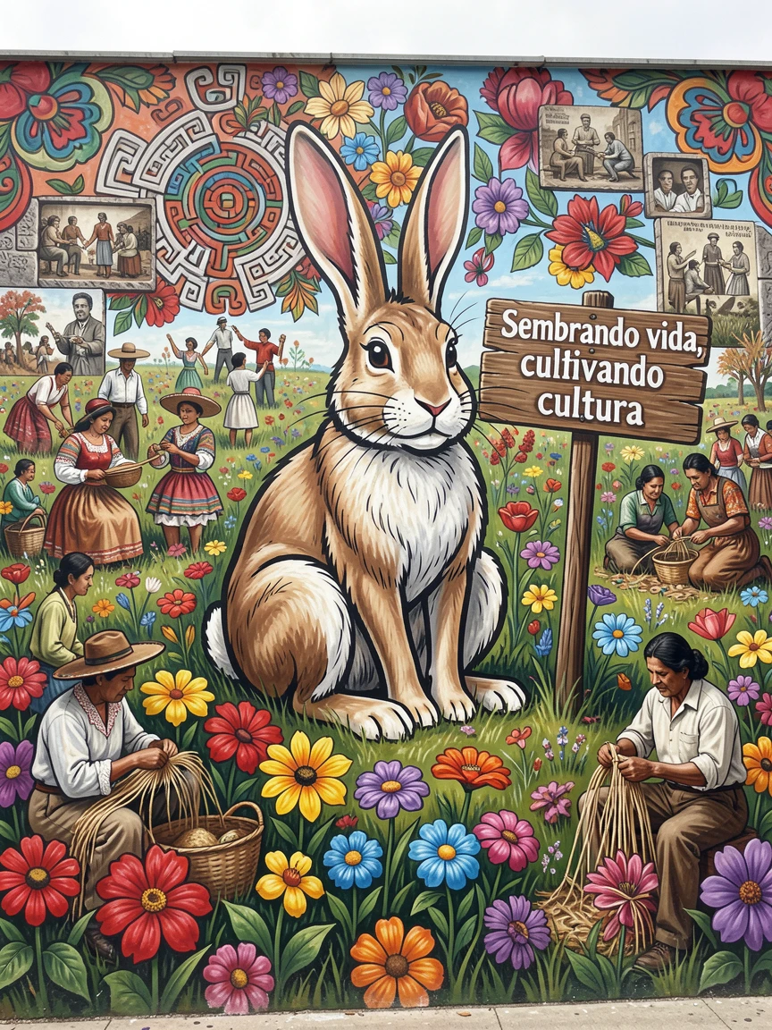 A rabbit sitting in a meadow full of wildflowers