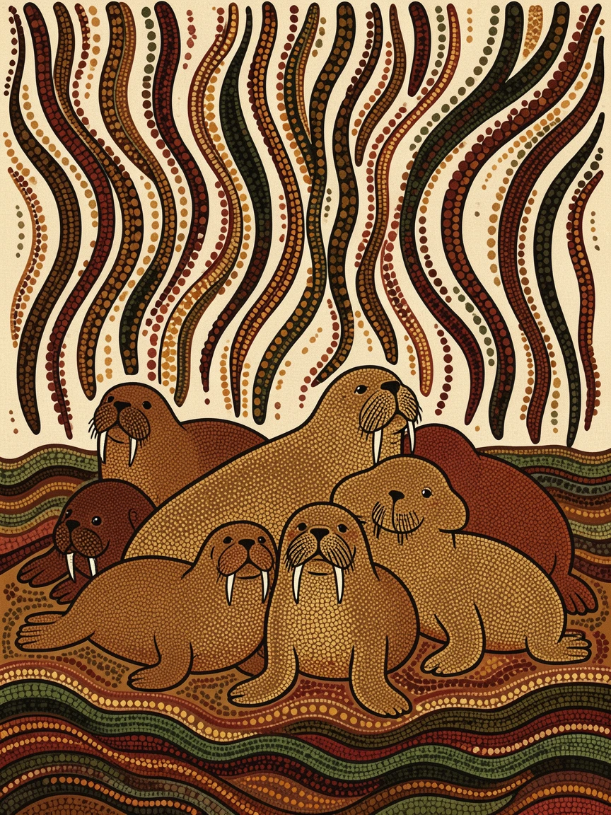 A walrus colony beneath a canopy of drifting kelp