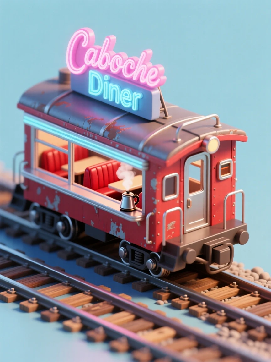A converted caboose diner parked beside train tracks, with red vinyl booths visible through the windows, a neon sign glowing, and steam rising from a coffee pot inside.