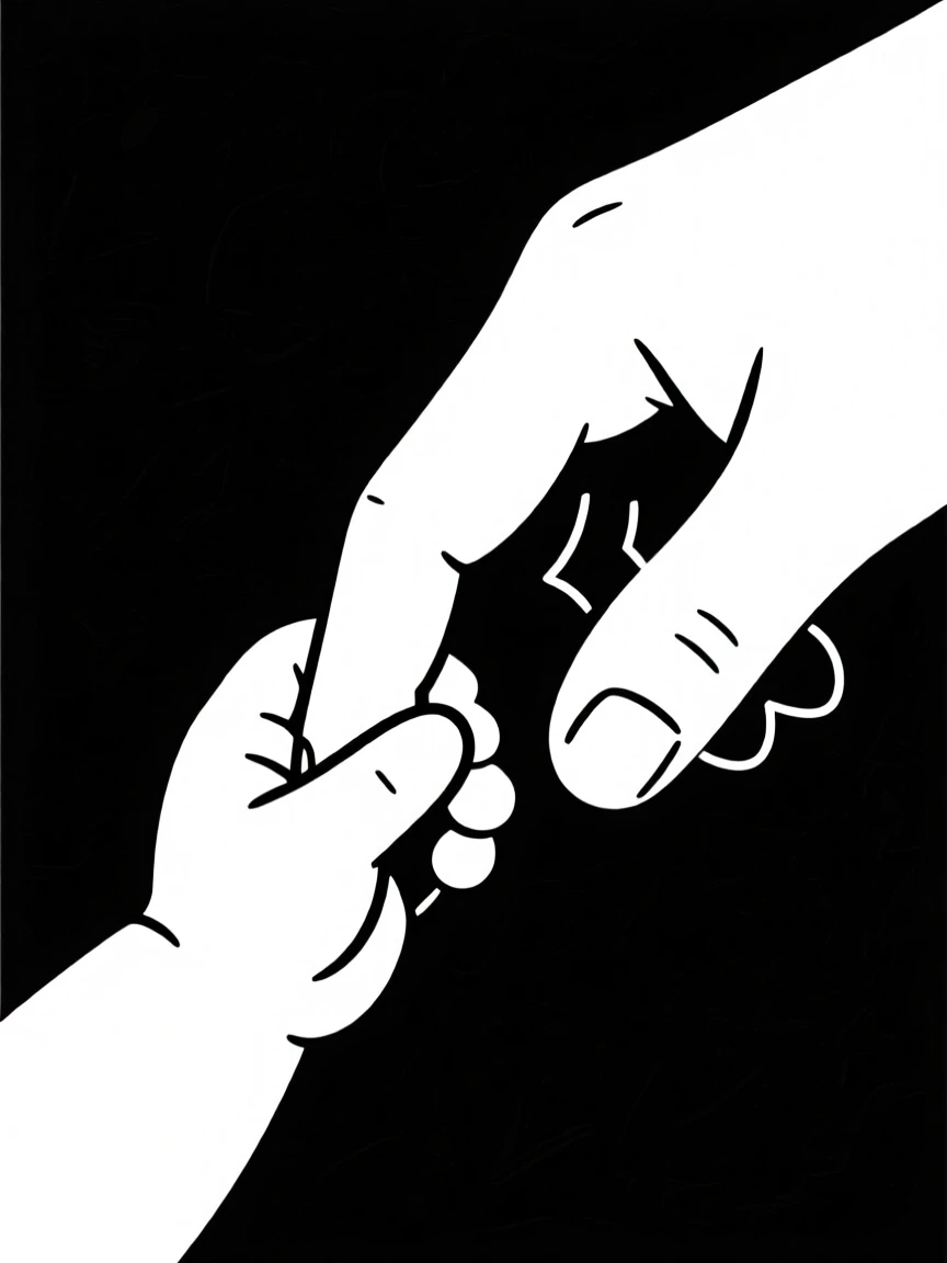 A child's tiny hand holding an adult's finger.