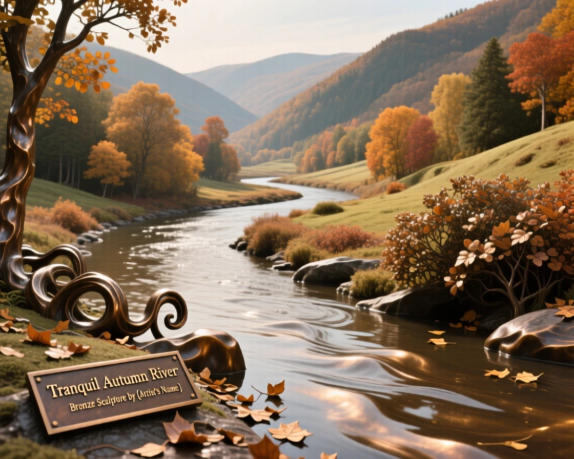 A tranquil river winding through an autumn valley, rendered in vivid, atmospheric detail, offering a breathtaking sense of place