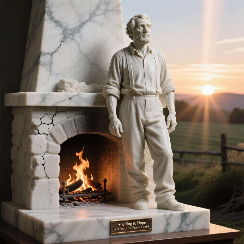A tender portrait of a farmer at sunrise, eyes wide with wonder, beside a crackling fireplace, evoking warmth and humanity