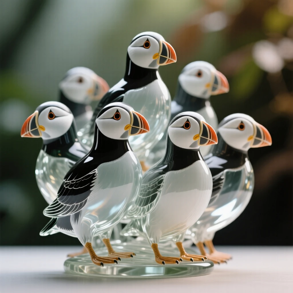 A close-up portrait of a puffin colony, its eyes sharp and expressive, framed by soft bokeh foliage, radiating quiet dignity.