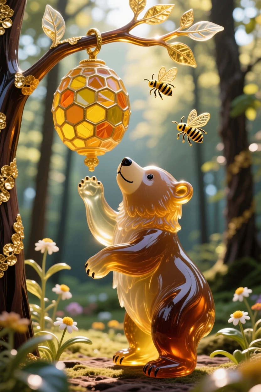 A bear cub reaching up toward a beehive in a sunlit forest, playful and curious.