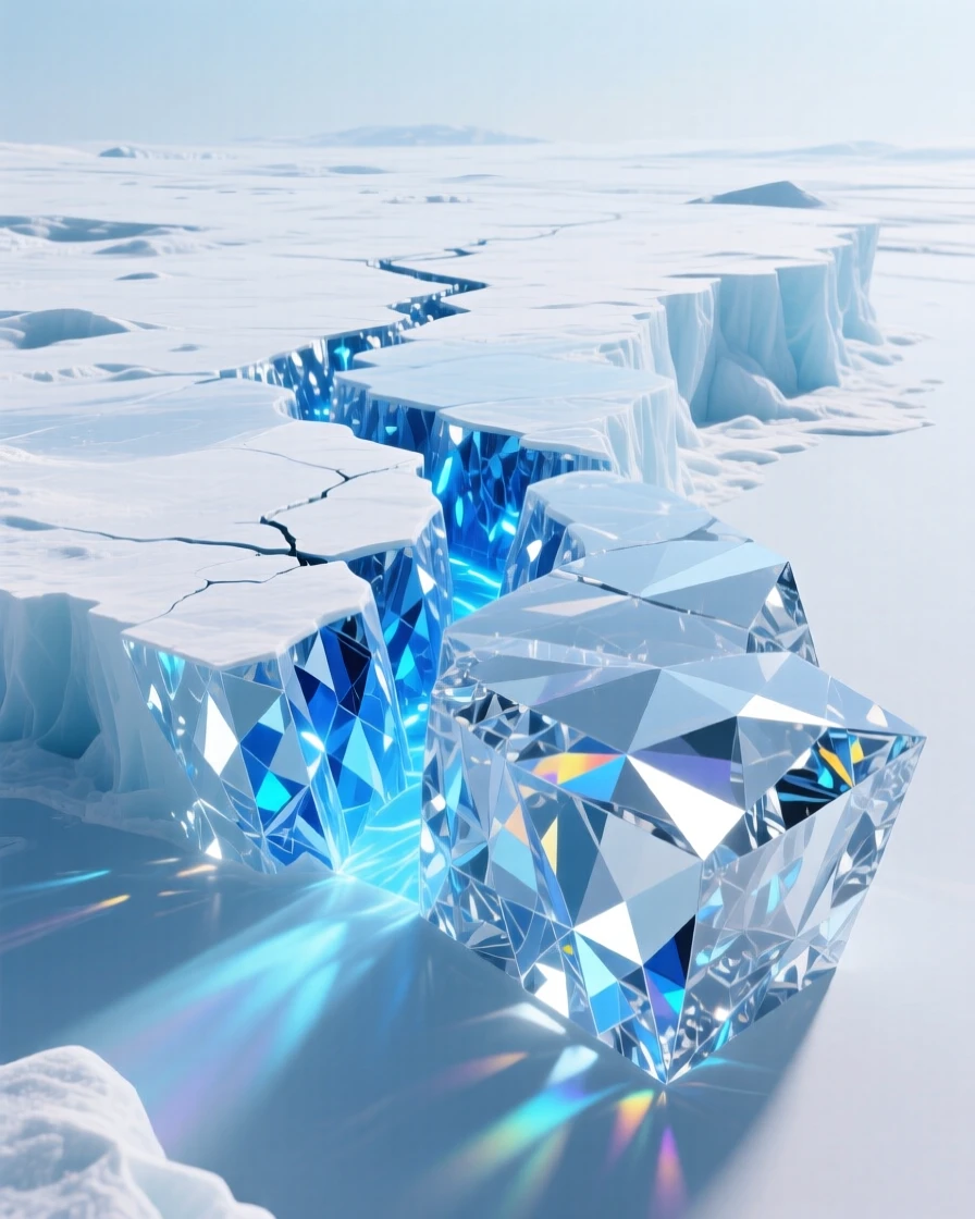 A vast ice shelf with cracks glowing blue, aerial perspective.