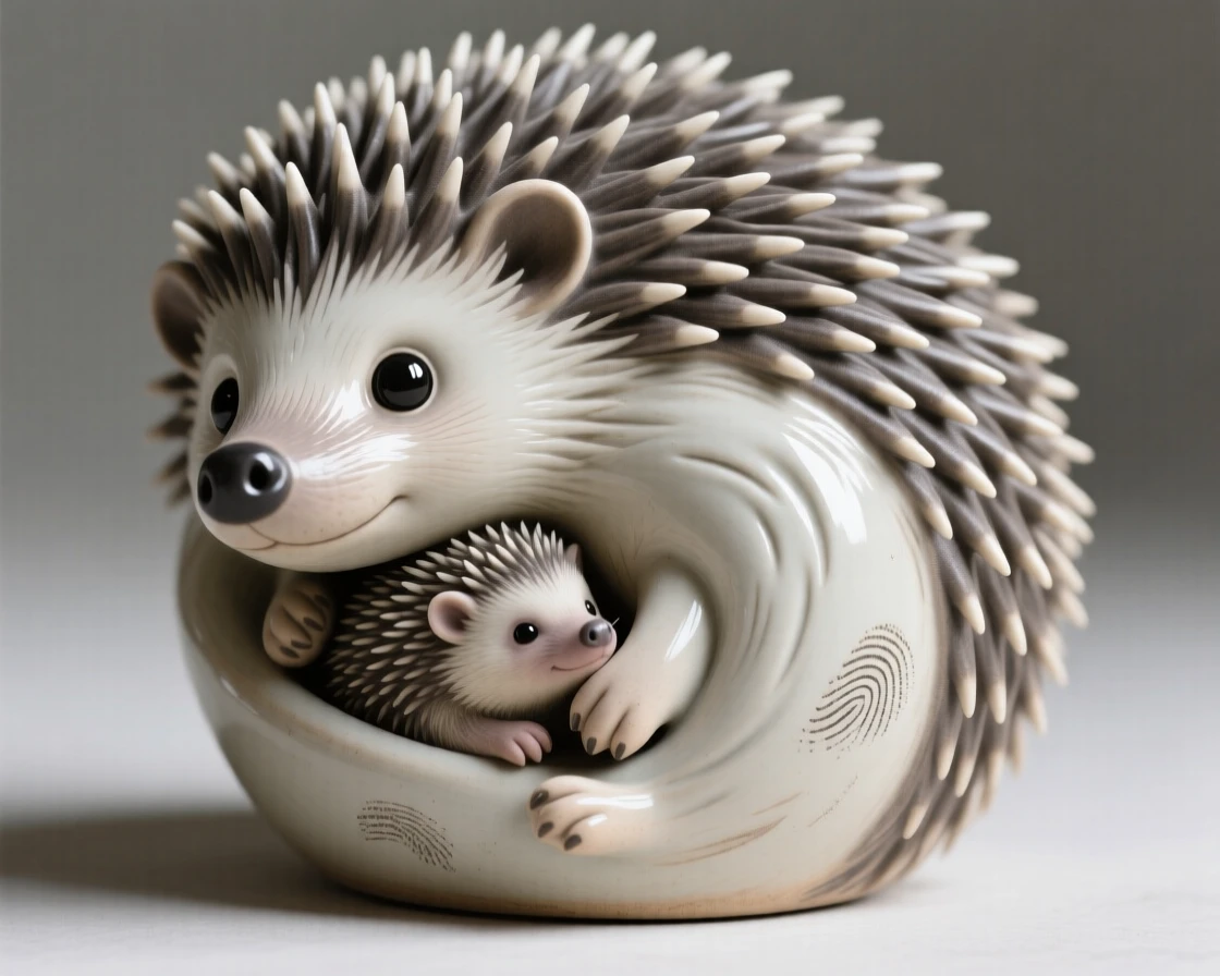 A hedgehog curled into a ball curled protectively around its young, its eyes wide with gentle curiosity, capturing a fleeting moment of untamed grace.