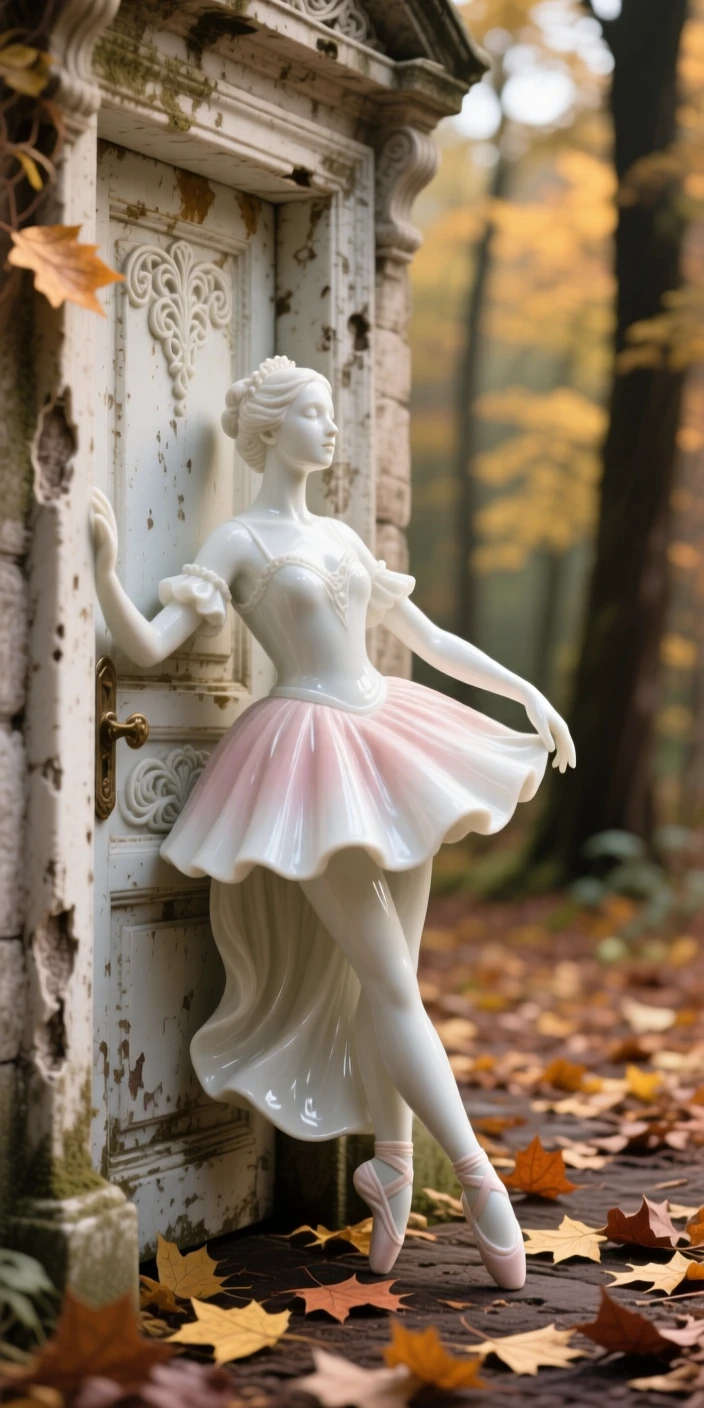 A noble ballerina leaning against an ancient doorway in an autumn forest clearing, light catching the folds of her dress.
