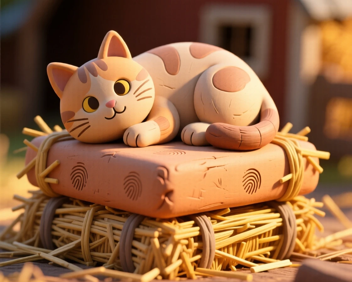 A barn cat curled atop a stack of fresh hay bales in sunlight
