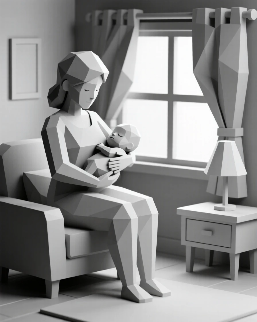 A mother cradling her sleeping newborn, in a softly lit cozy room. fine details in expression bring the moment to life. It captures a feeling of quiet triumph.