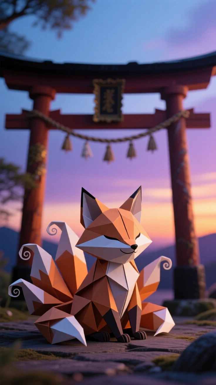 A baby kitsune with several small tails curled around itself, sitting beneath a torii gate at dusk.