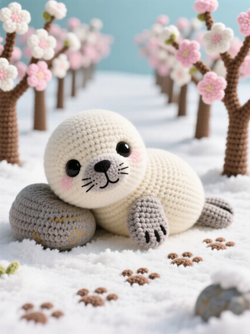 a plump baby seal cub, with large dark expressive eyes, resting its head on a smaller rock pillow, set in an orchard with rows of blossoming trees, with a trail of small paw prints in the snow, evoking a tender, sleepy softness.