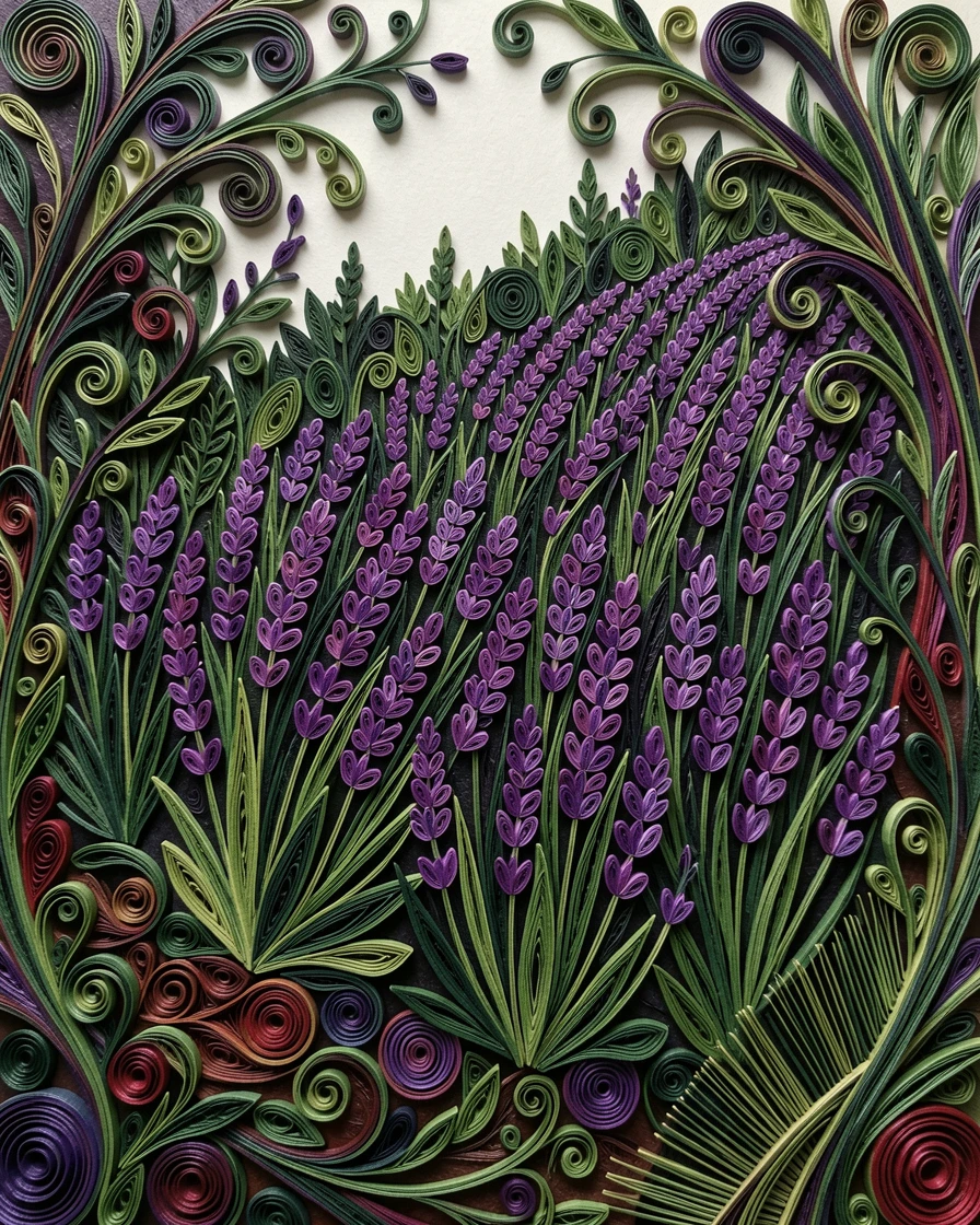 a hillside covered in blooming lavender rows, in an overgrown secret garden corner, captured in a close-up macro composition, in deep jewel tones of violet and crimson.