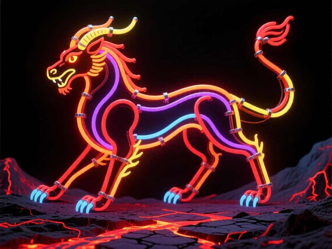 A chimera prowling the edge of a volcanic wasteland.
