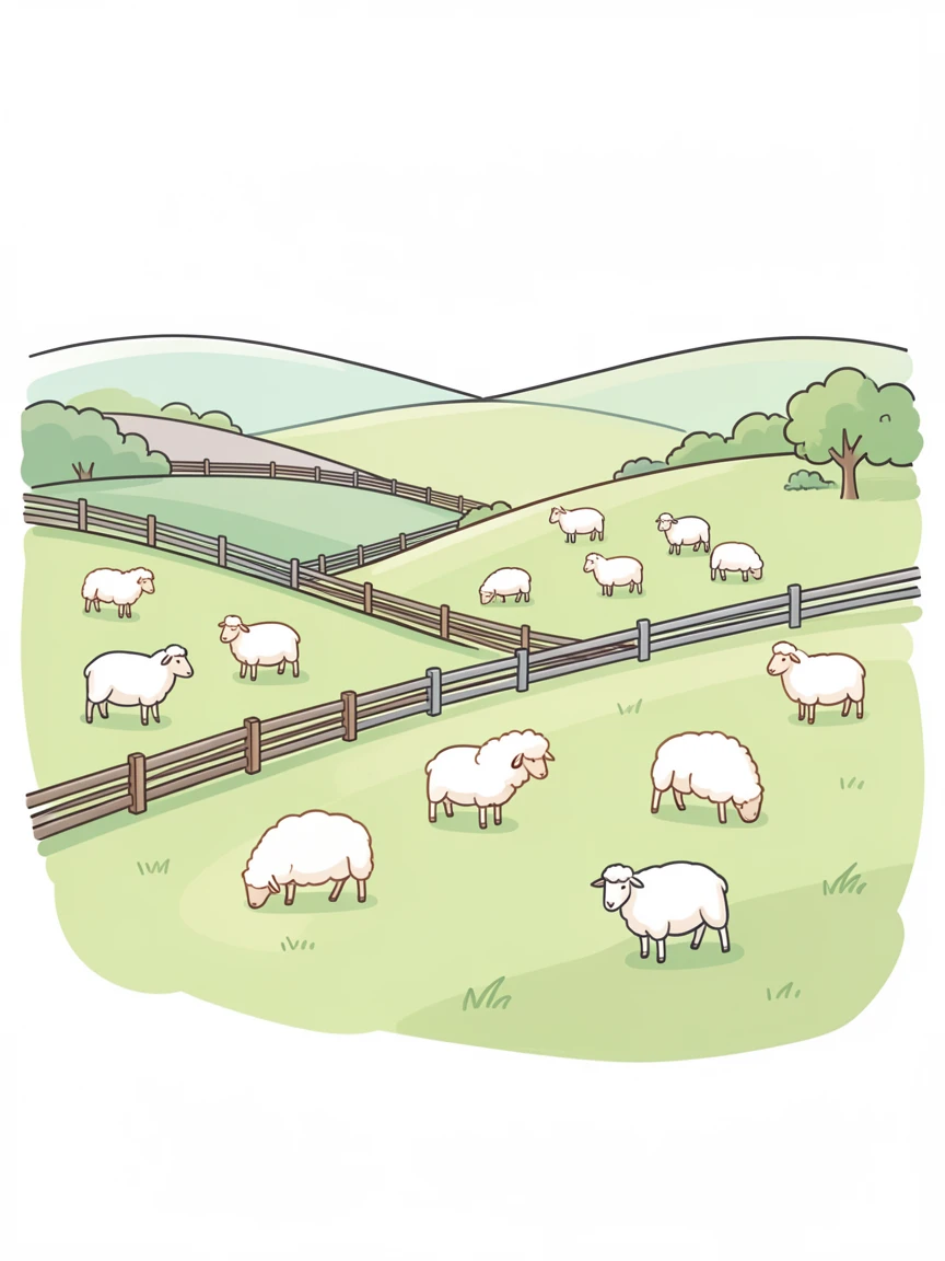 A rolling green countryside dotted with grazing sheep and stone fences.