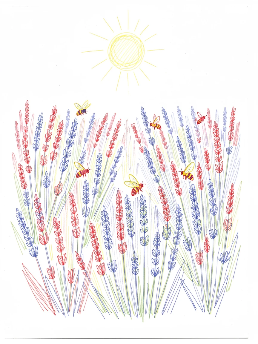 A field of wild lavender with bees drifting between rows under a warm sun