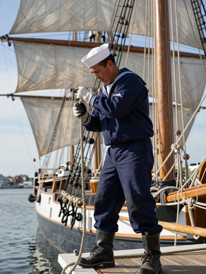 A sailor adjusting the rigging on a tall ship
