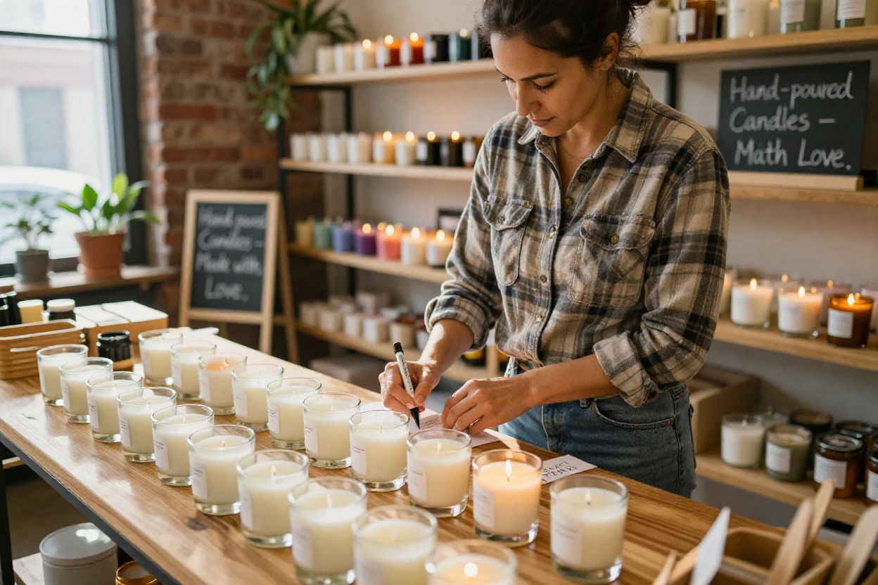 A candle shop worker labels rows of freshly poured jars by hand.
