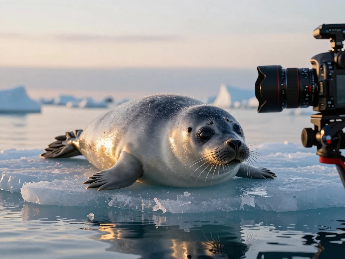 A baby seal resting on an ice floe, its dark eyes wide and curious