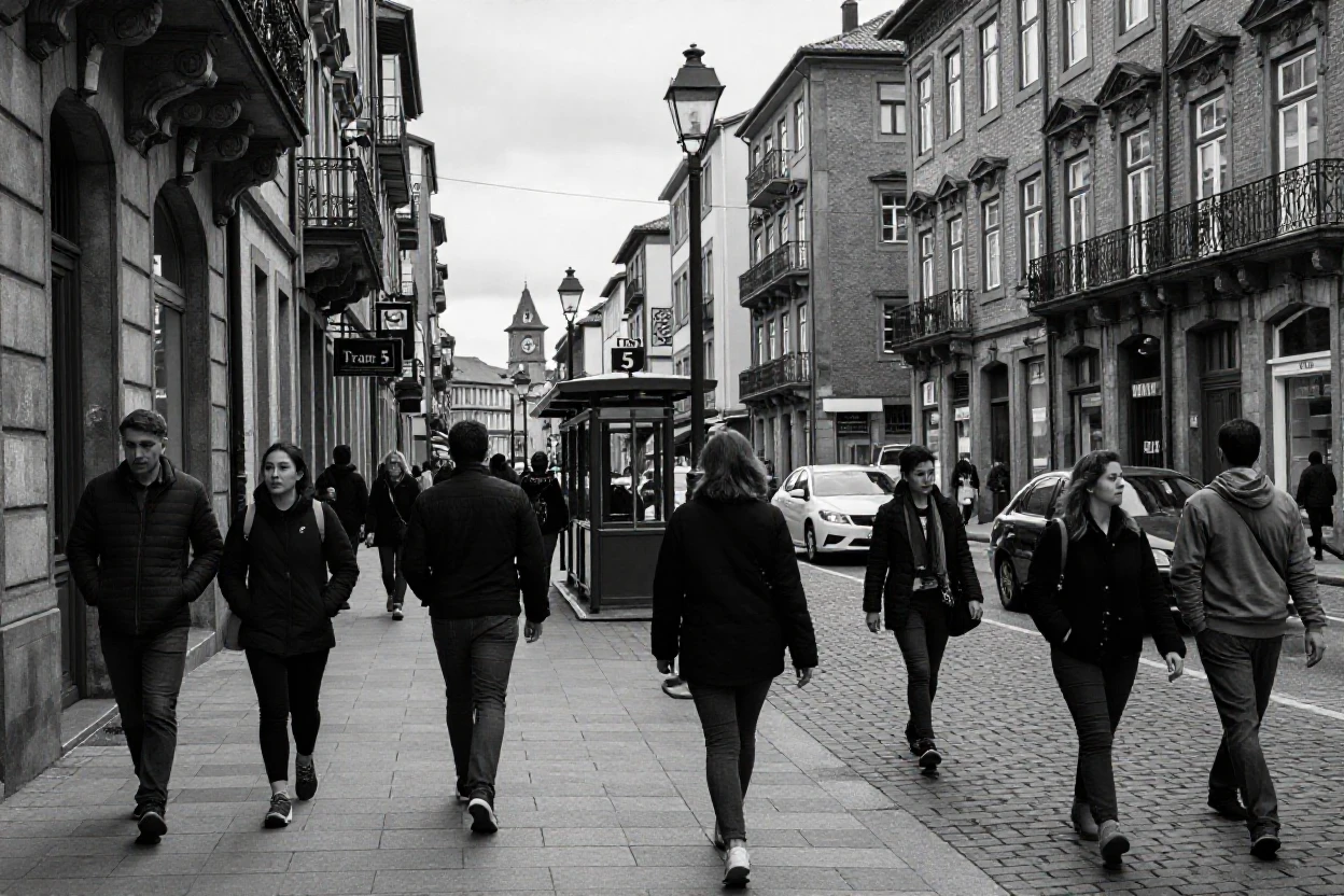 A bustling city street bustles with morning commuters in the heart of an old European city.