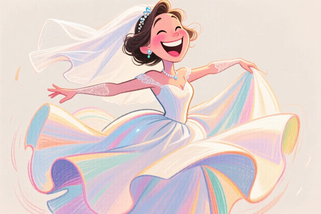A glowing bride twirling in her wedding dress, veil flying dramatically in the wind.