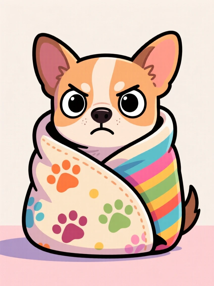A playful pet moment featuring a wide-eyed chihuahua wrapped in a blanket like a burrito, peeking out with an unimpressed expression.
