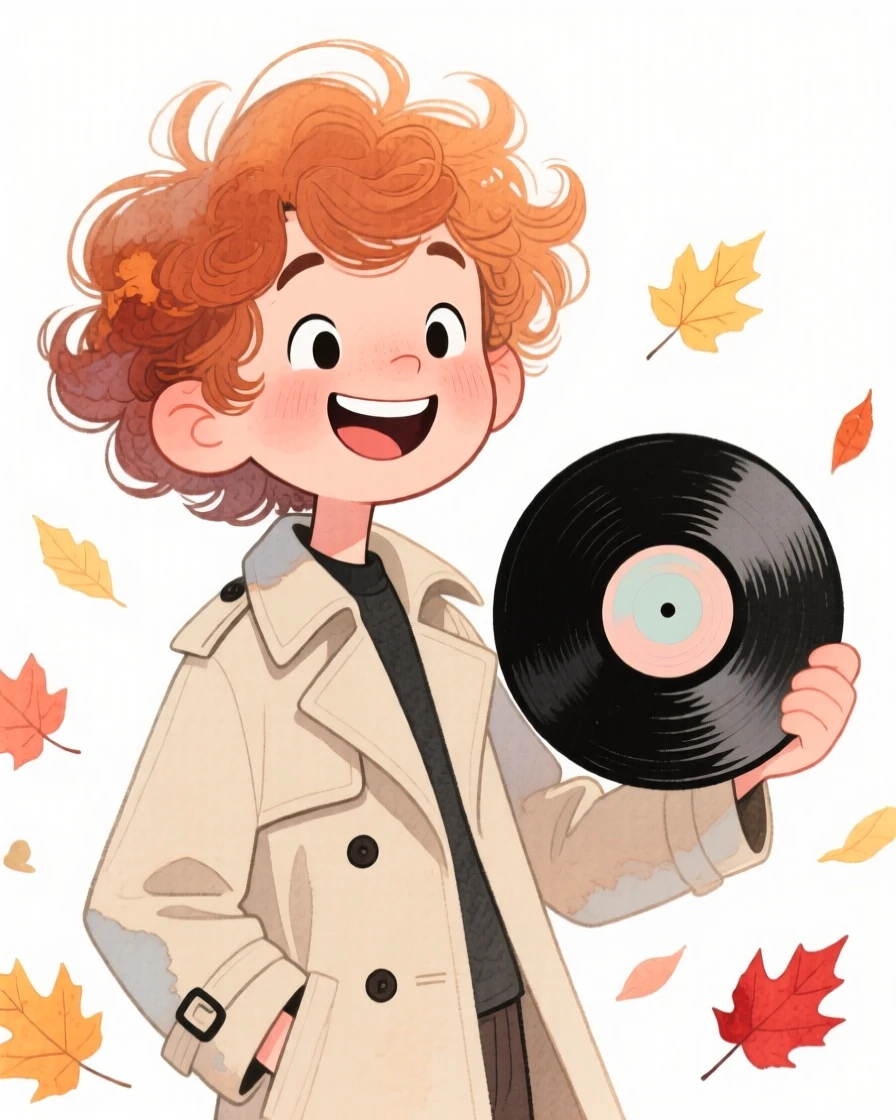 A teenage boy with long curly auburn hair, grinning ear to ear, wearing a classic trench coat and holding a vinyl record, surrounded by autumn leaves