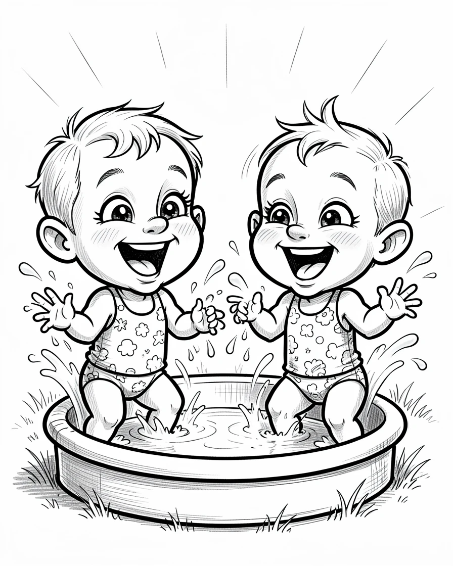 [Family & Relationship Moments] Heartwarming scene of twin toddlers giggling while splashing in a kiddie pool, radiating love and warmth
