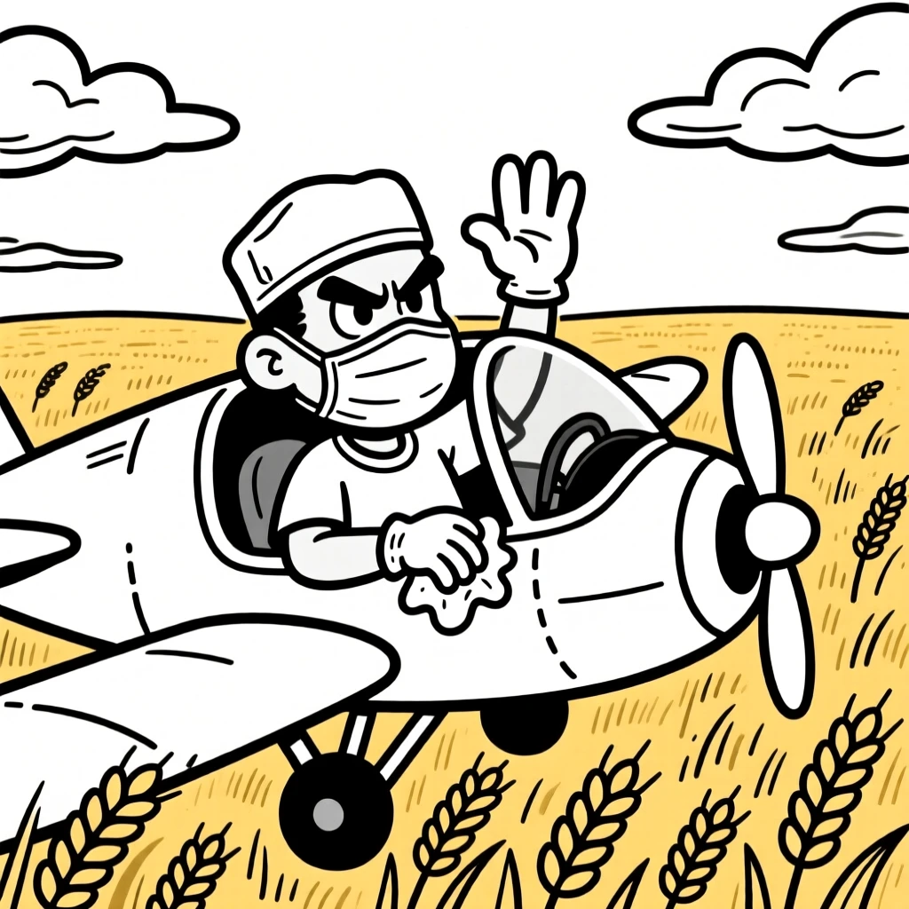 A stern-faced surgeon scrubbing in, waving confidently from the cockpit window, set in a sprawling golden wheat field. Clouds drift lazily past the window. The image captures dedication with a wink of playfulness.