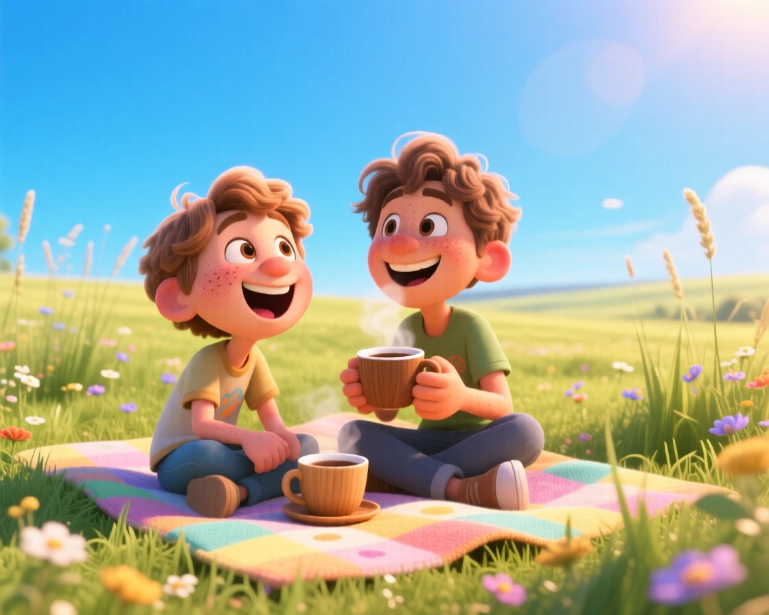 Two best friends sharing a laugh over coffee unfolds in a wide open field under a bright blue sky, with warm sunlight catching every smile. Pure joy and warmth radiate from the scene.