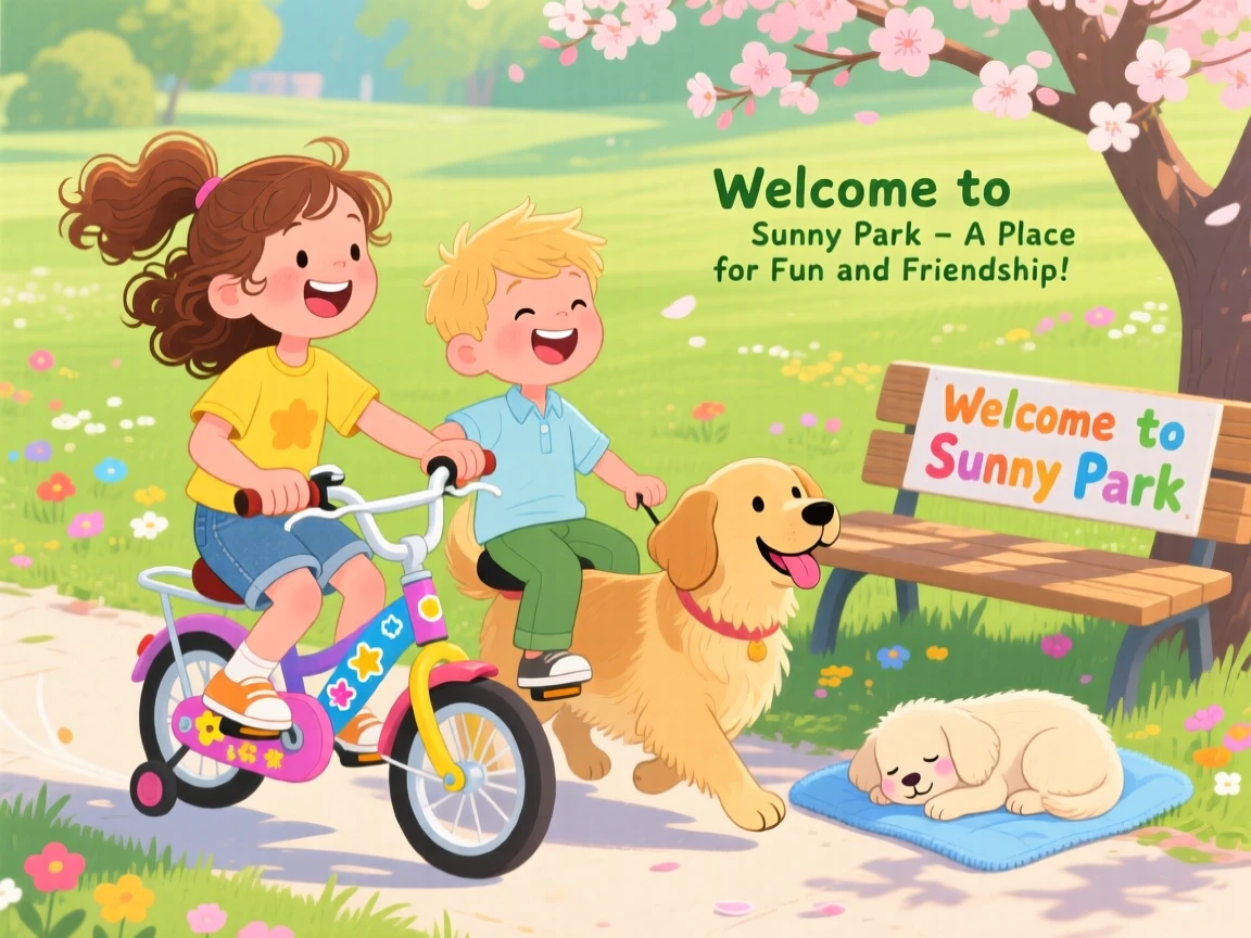 Siblings holding hands laughs while learning to ride a bicycle together with a beloved family dog, while a puppy dozes nearby.