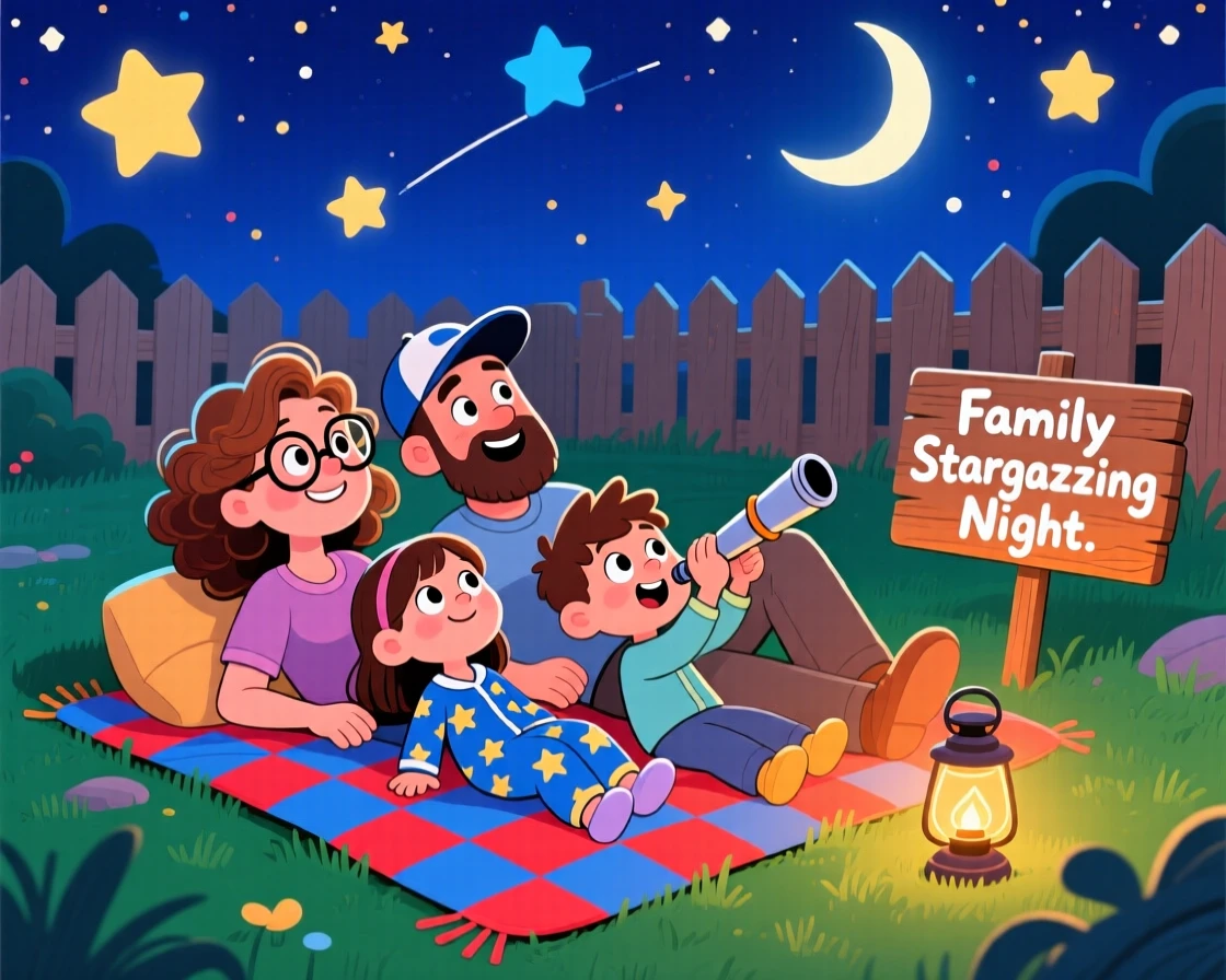A family stargazing together, lying on a blanket in the backyard.