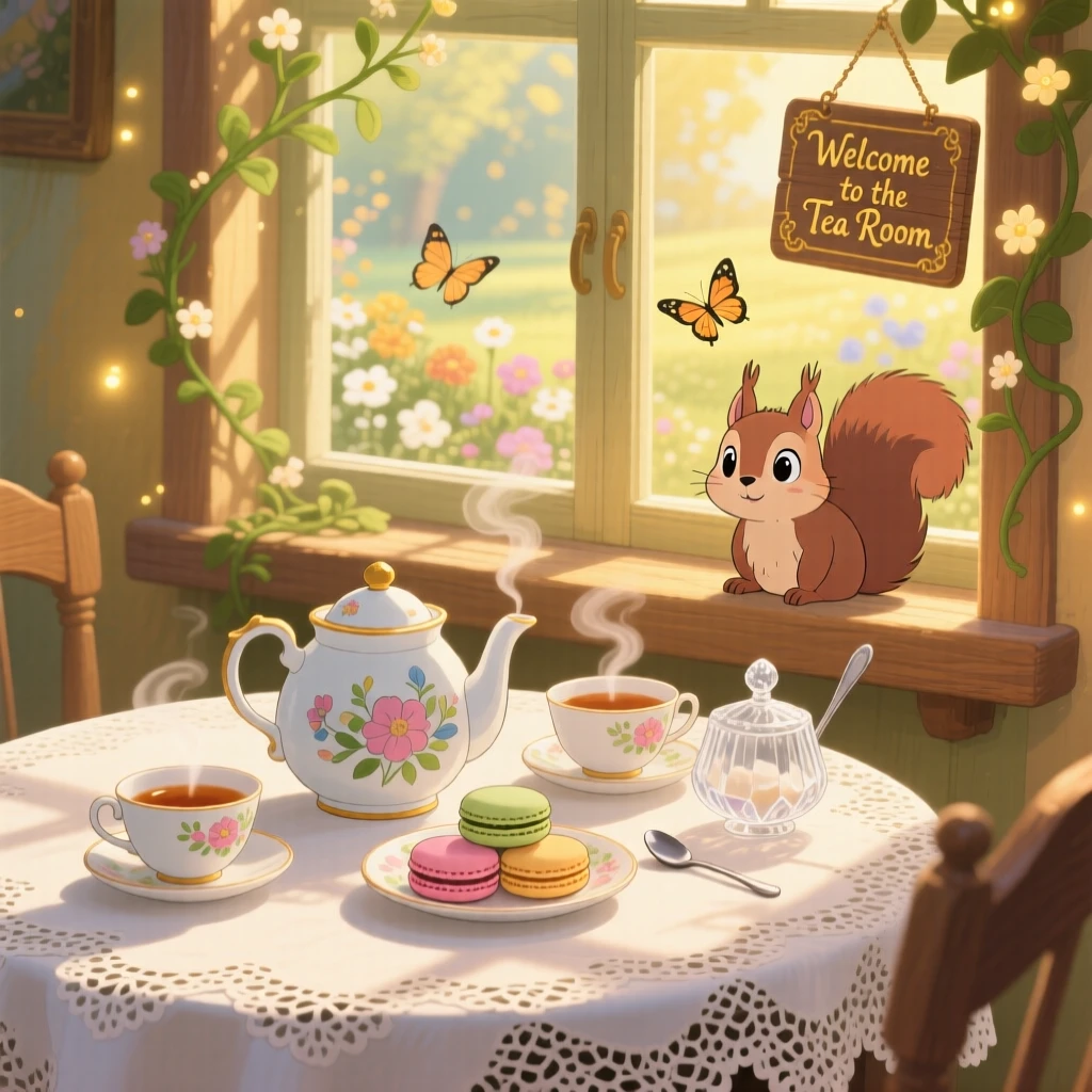 A warm, inviting scene of a tea set arranged on a lace tablecloth in dappled sunlight, with warm golden light filling the room.