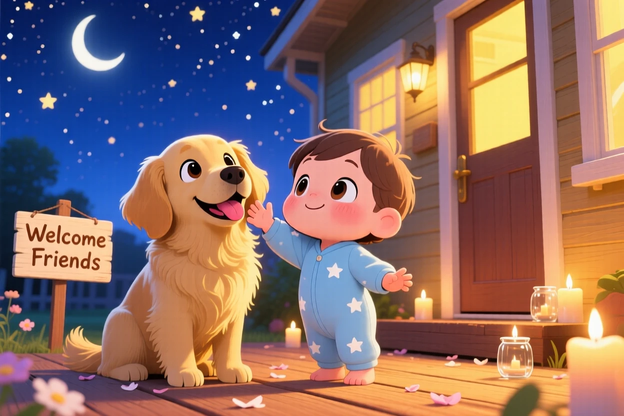 Dynamic diagonal composition: a curious toddler, reaching up to pet a friendly dog, set against a sunlit front porch under a starry midsummer night sky, with gentle candlelight and a mood of brave confidence.