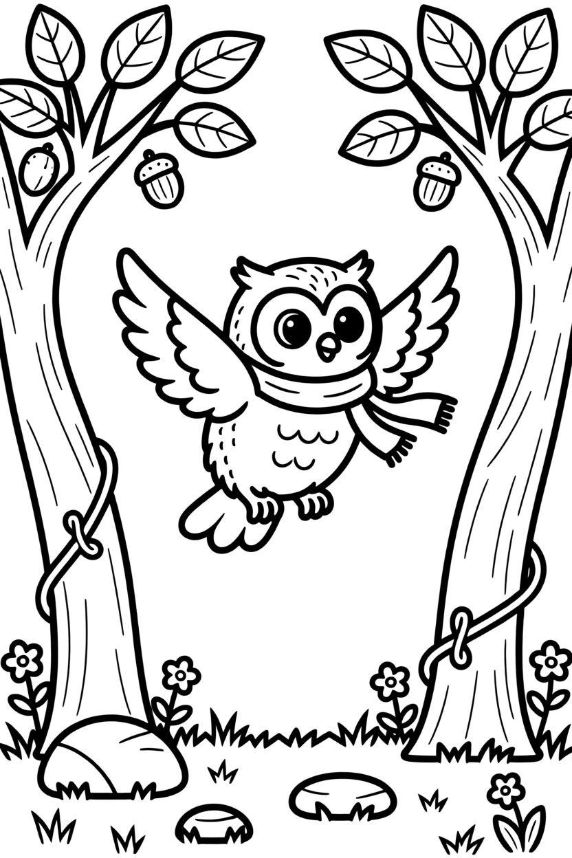 A baby owl learning to fly between two tree branches