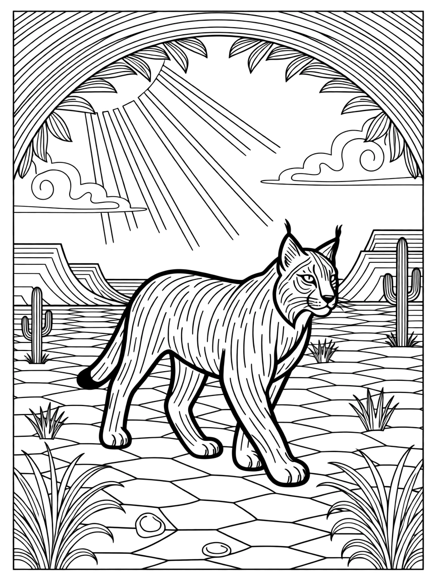 A lynx walking across a cracked desert plain, with sunlight breaking through the canopy above.