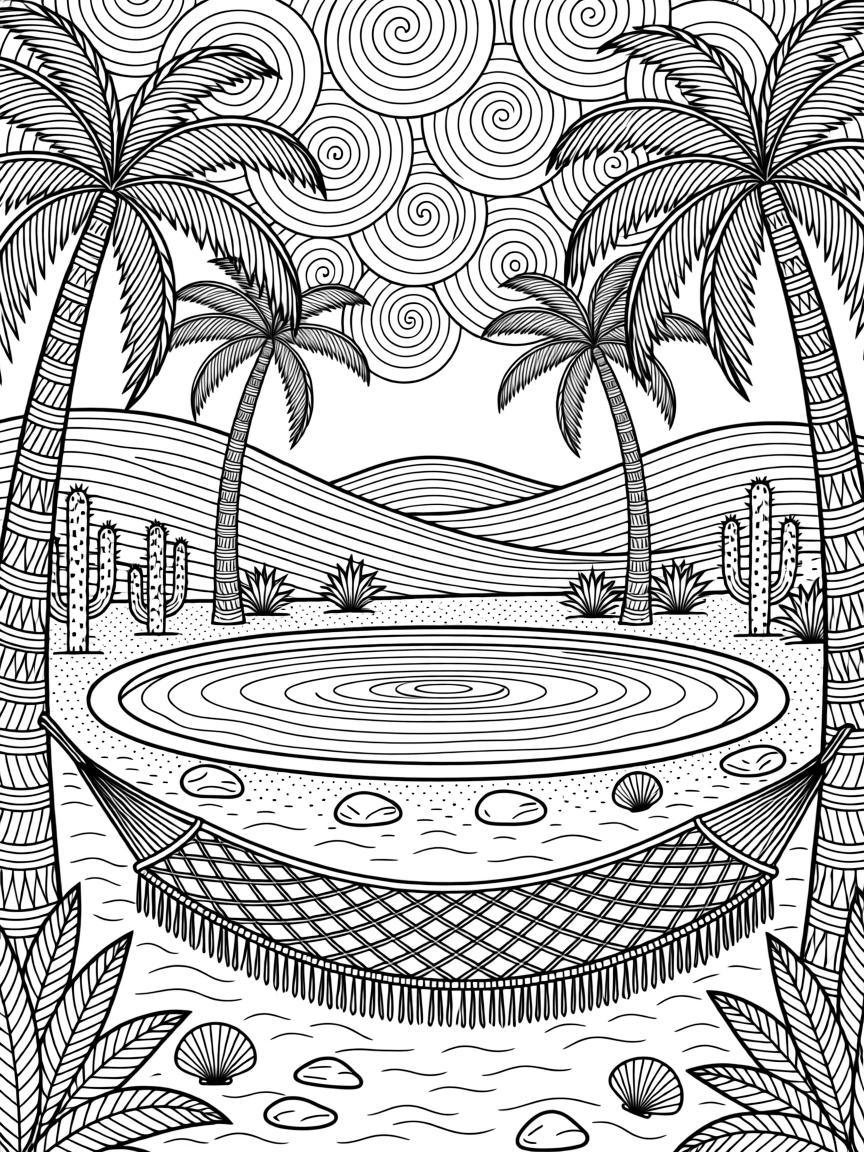 A desert oasis with palm trees ringing a small pool of water.