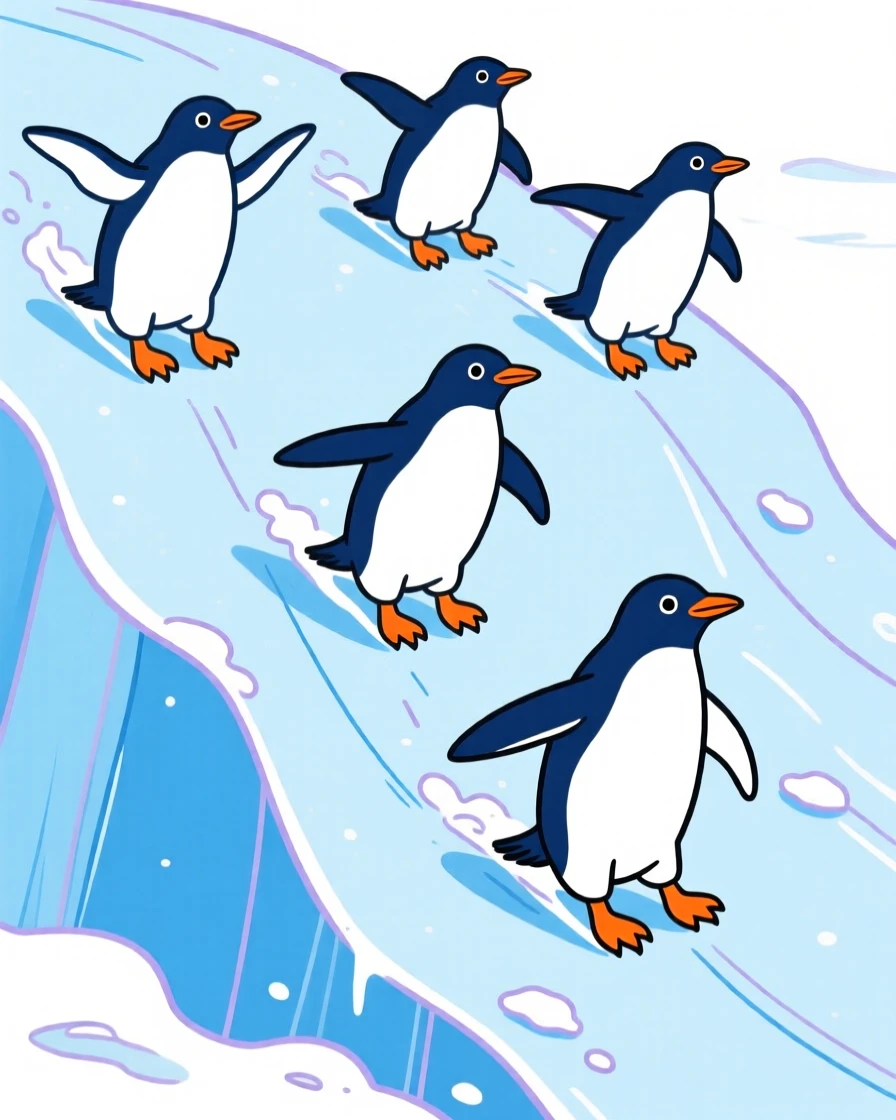 A group of penguins sliding down an icy slope.